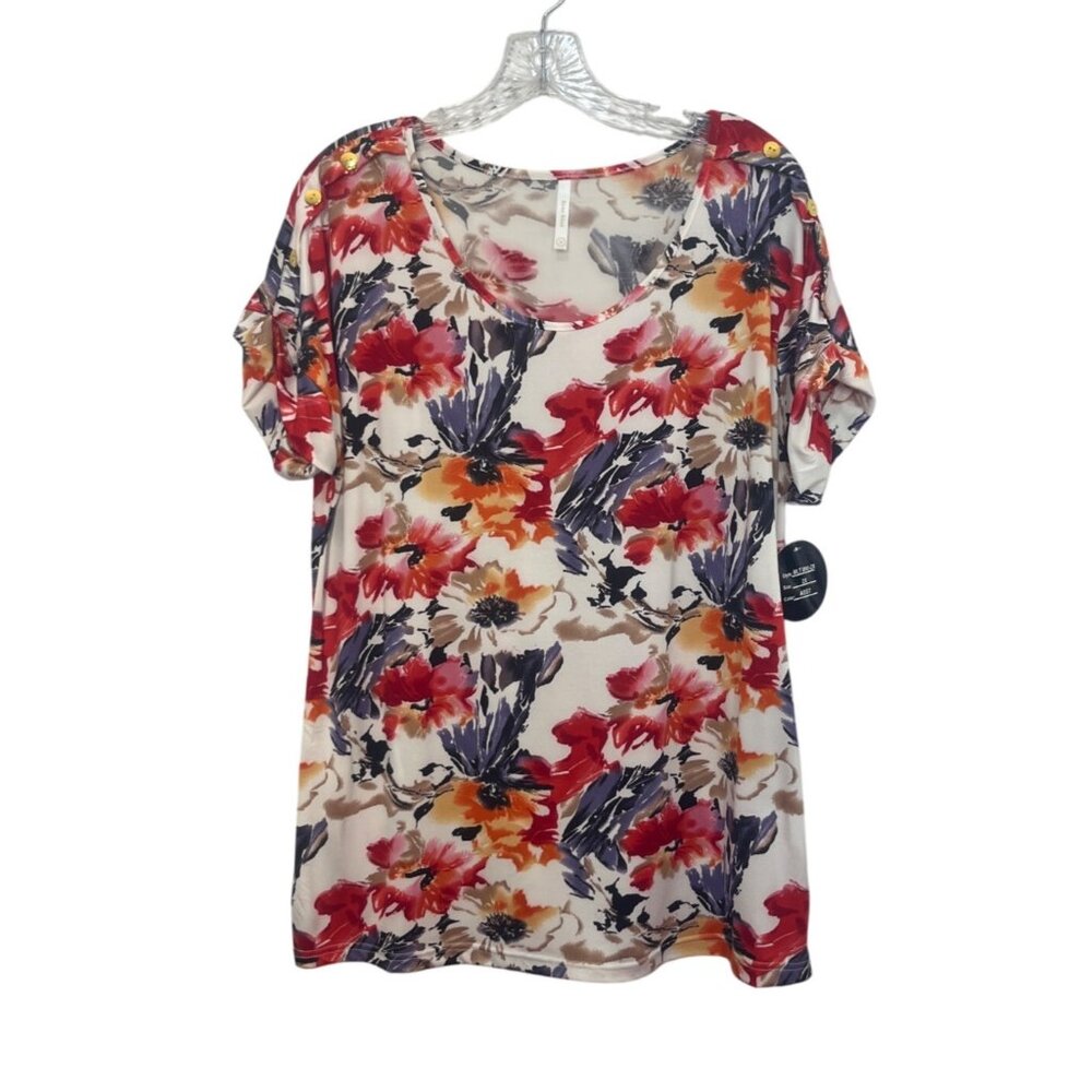Rene Ricci Floral Print Short Sleeve Shirt Womens 2X Multi Color New